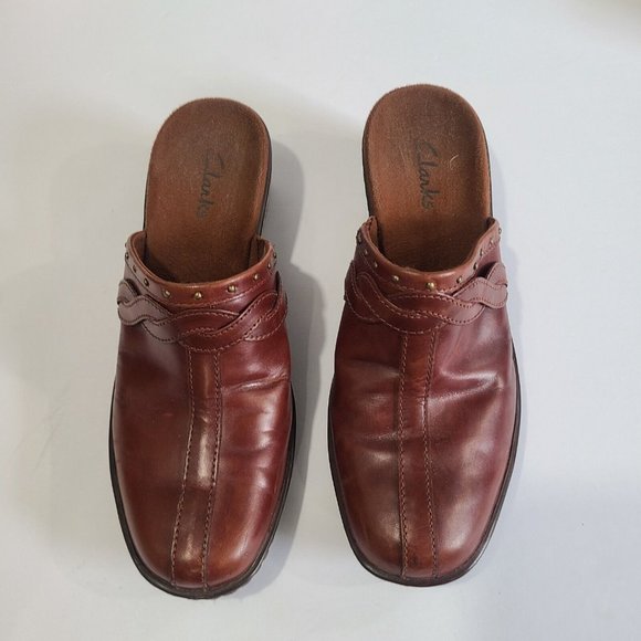 Clarks 71495 Mules Shoes Brown Leather Womans Slip-ons Studded Size 8 M clogs - Picture 3 of 11
